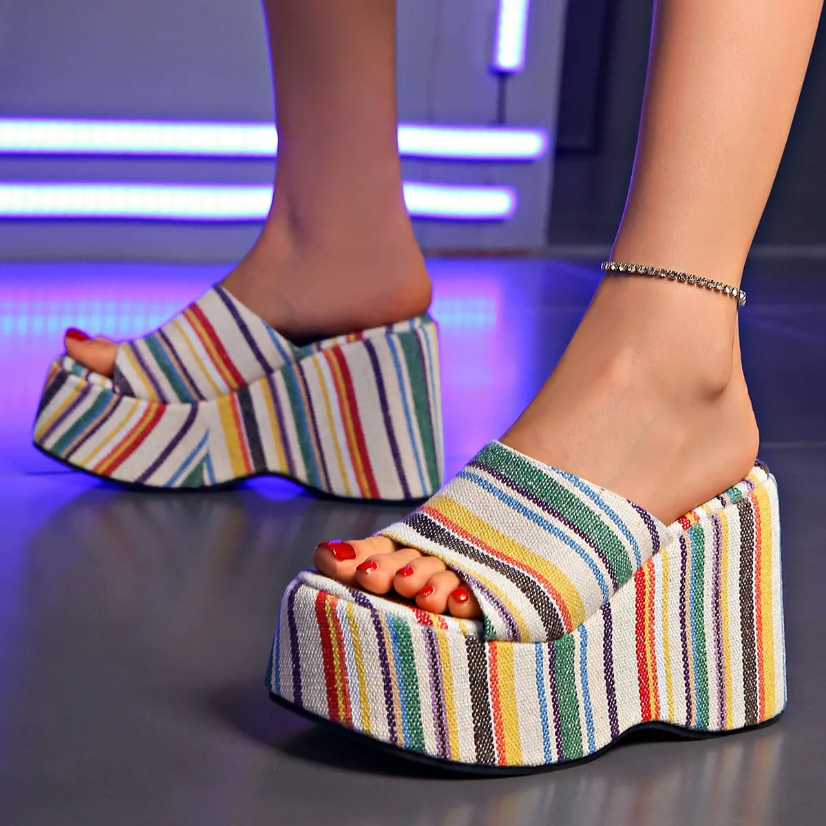 Striped Platform Wedge Sandals