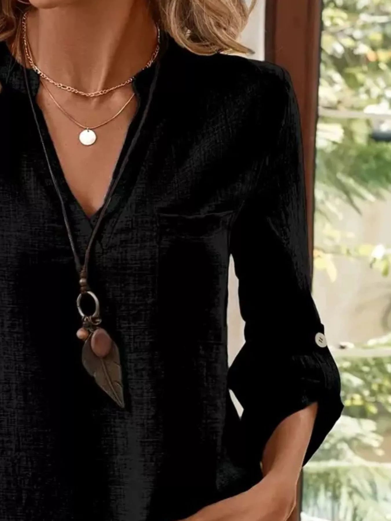 Casual V-Neck Roll-Sleeve T-Shirt with Pocket