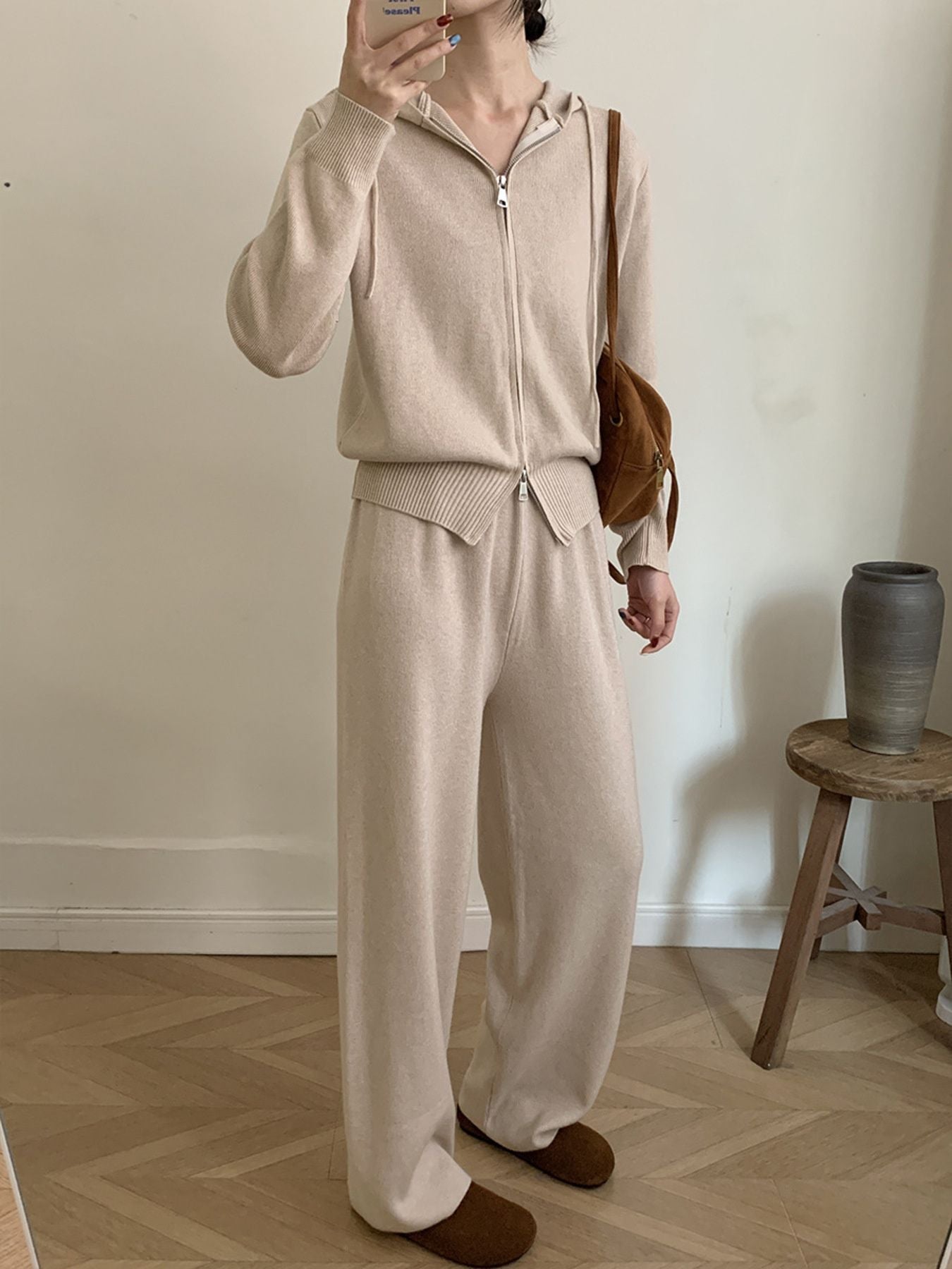 Zip Up Cardigan and Drawstring Wide Leg Pants Knit Set