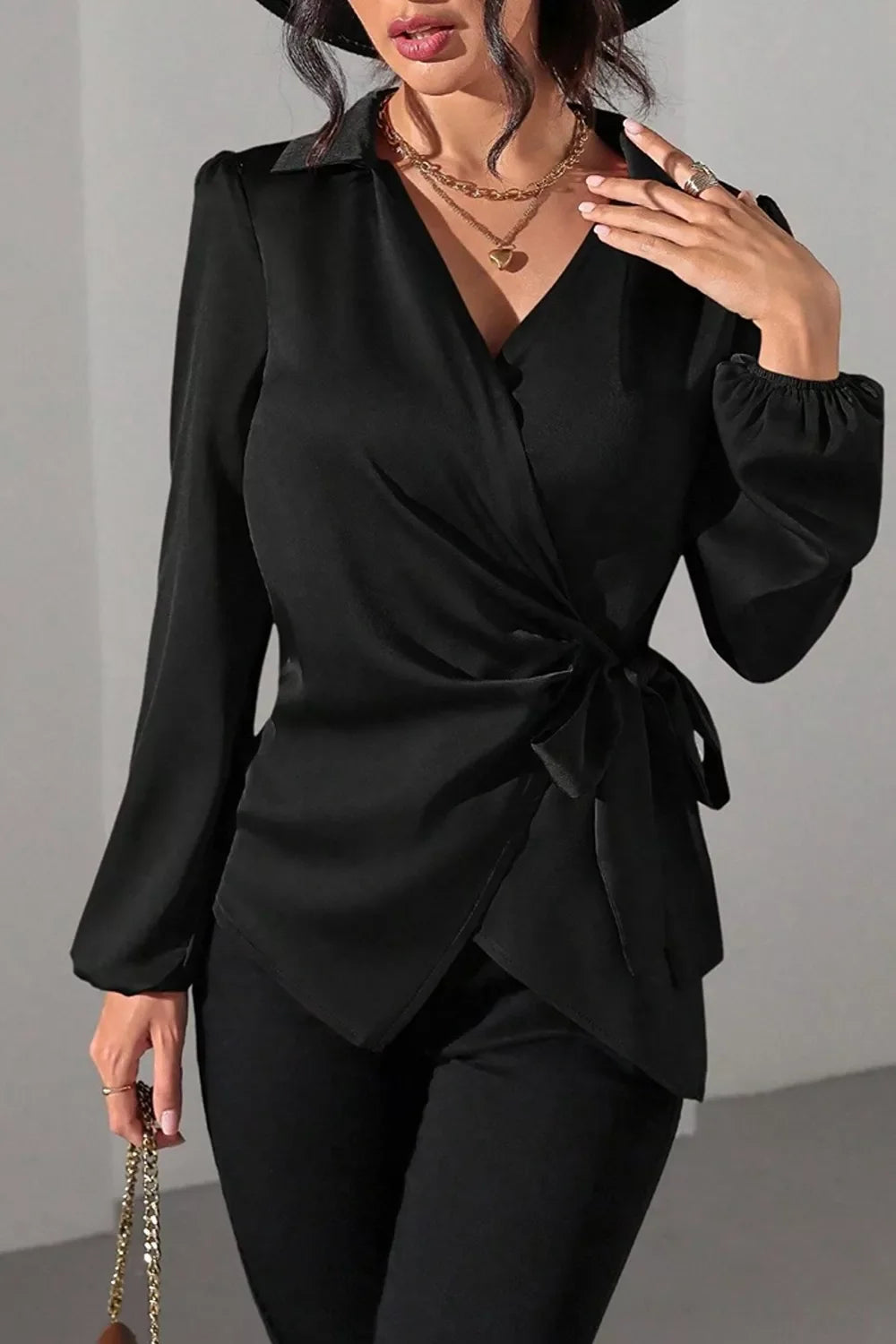 Satin Tied Detail Long Sleeve Blouse
