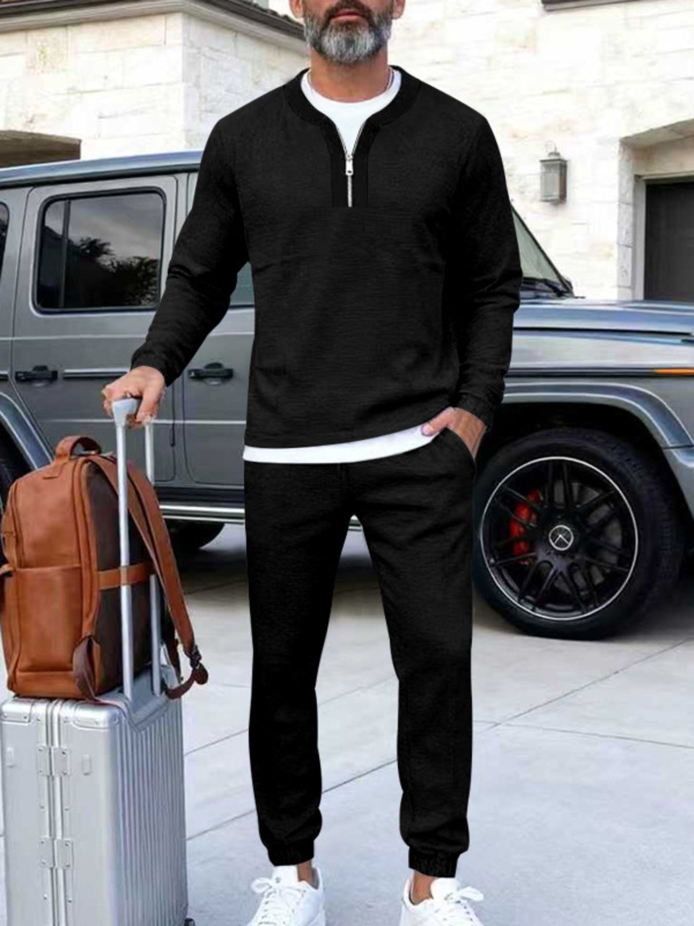Men's Plus Size Casual Zipper Neck Long Sleeve Top and Pants Set