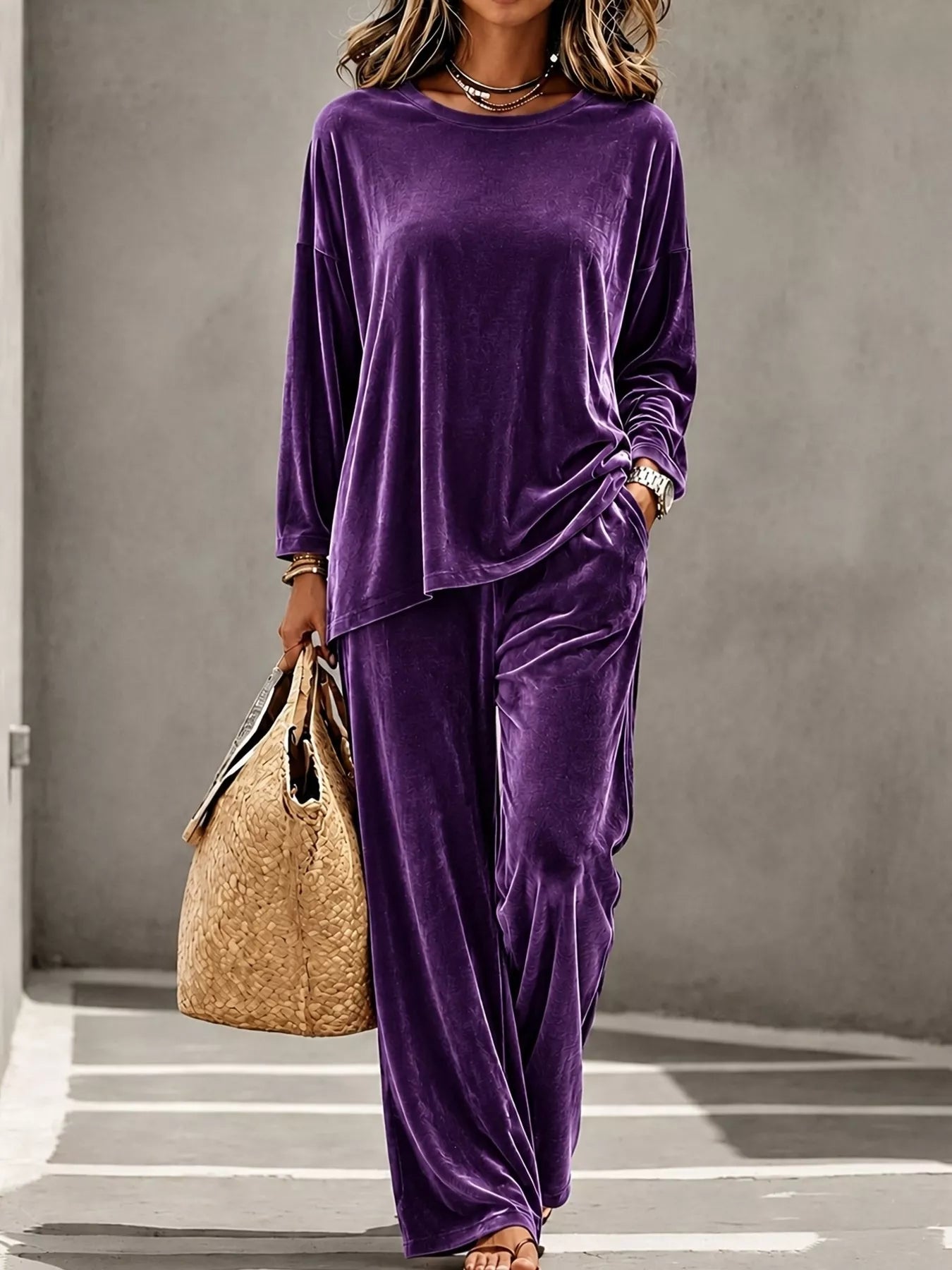 Full Size Velvet Long Sleeve Top and Pants Set Plus Size
