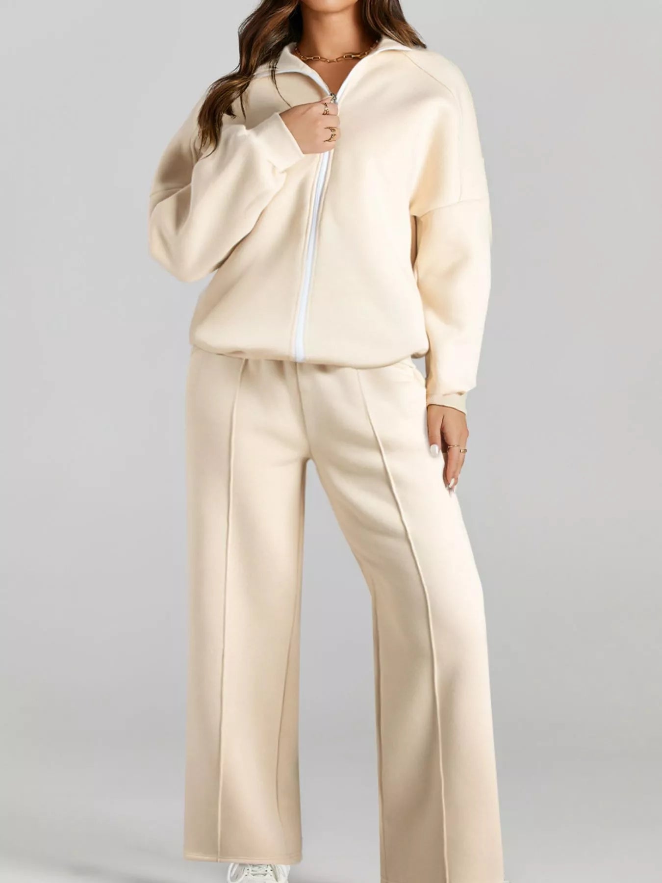 Drop Shoulder Zip Up Jacket and Drawstring Pants Active 2pcs Set