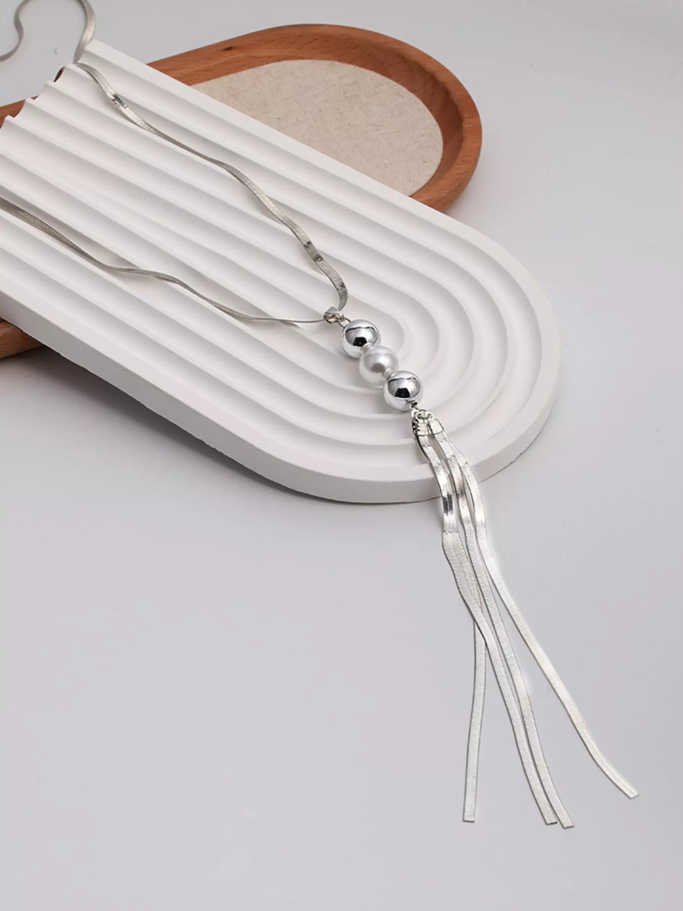 Alloy Silver-Plated Bead Tassel Necklace