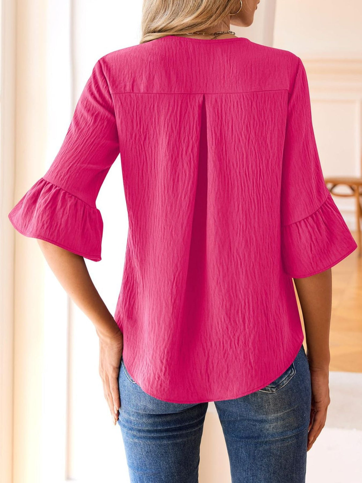 Ruffle V-Neck Flounce Sleeve Blouse