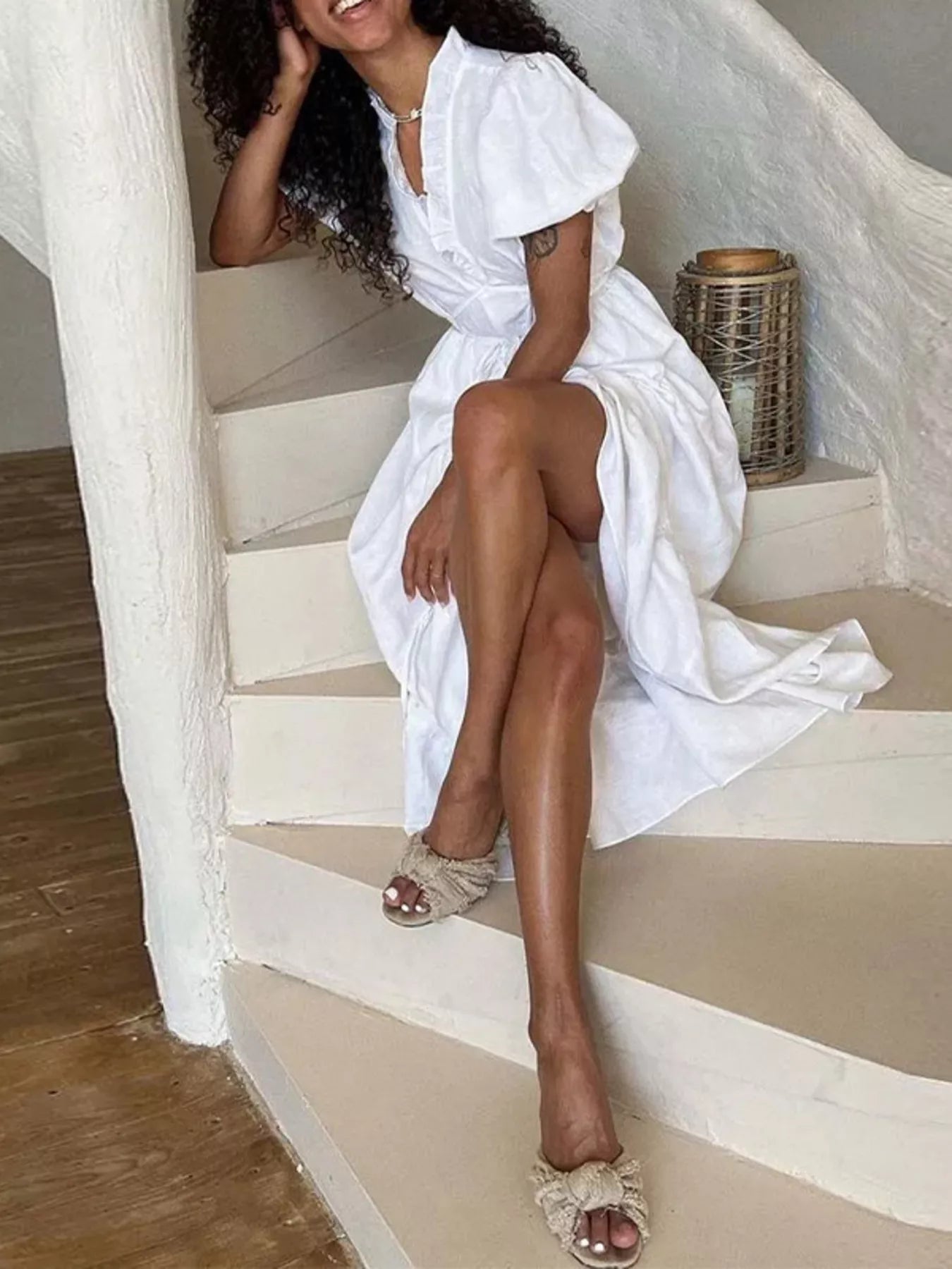 Full Size Puff Sleeve Ruffle Trim Maxi Dress Plus Size
