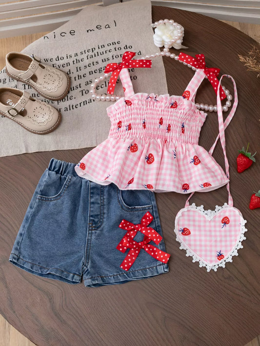 Children's Strawberry Gingham Smocked Top & Denim Shorts Set