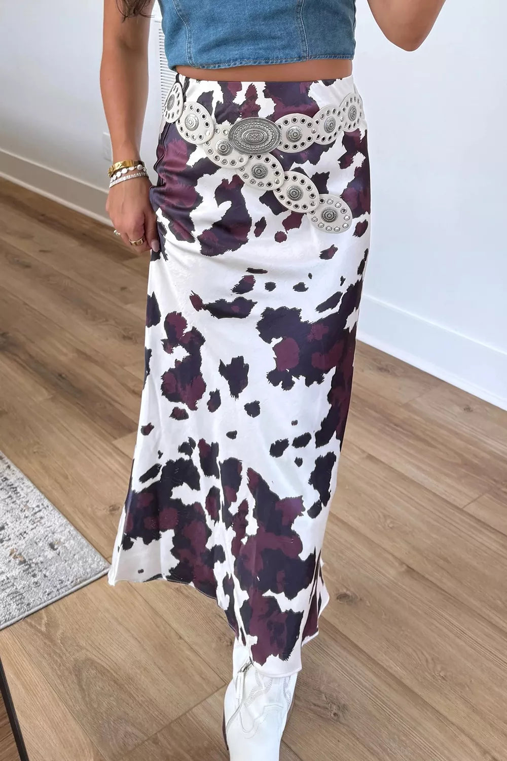 Abstract Print Western Long Metal Zip-Up Waist Daily Wear Skirt