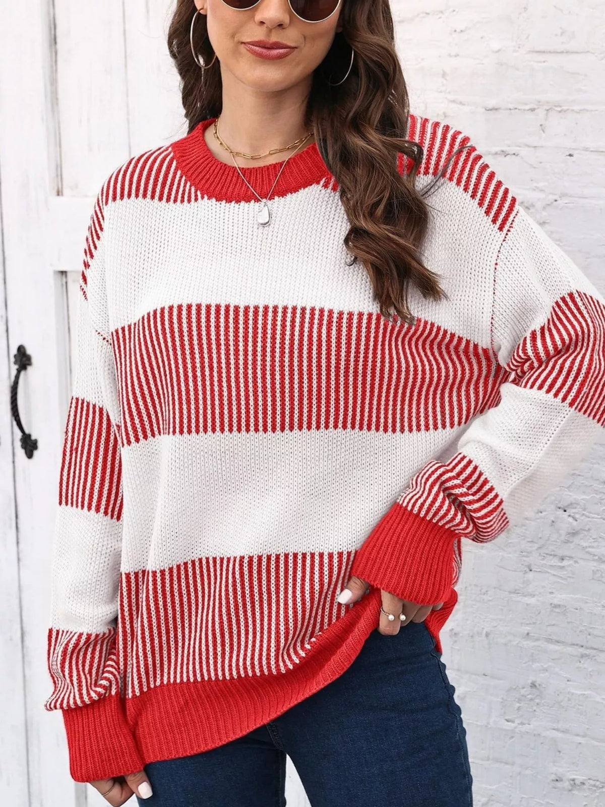 Full Size Striped Color Block Crew Neck Sweater Plus Size