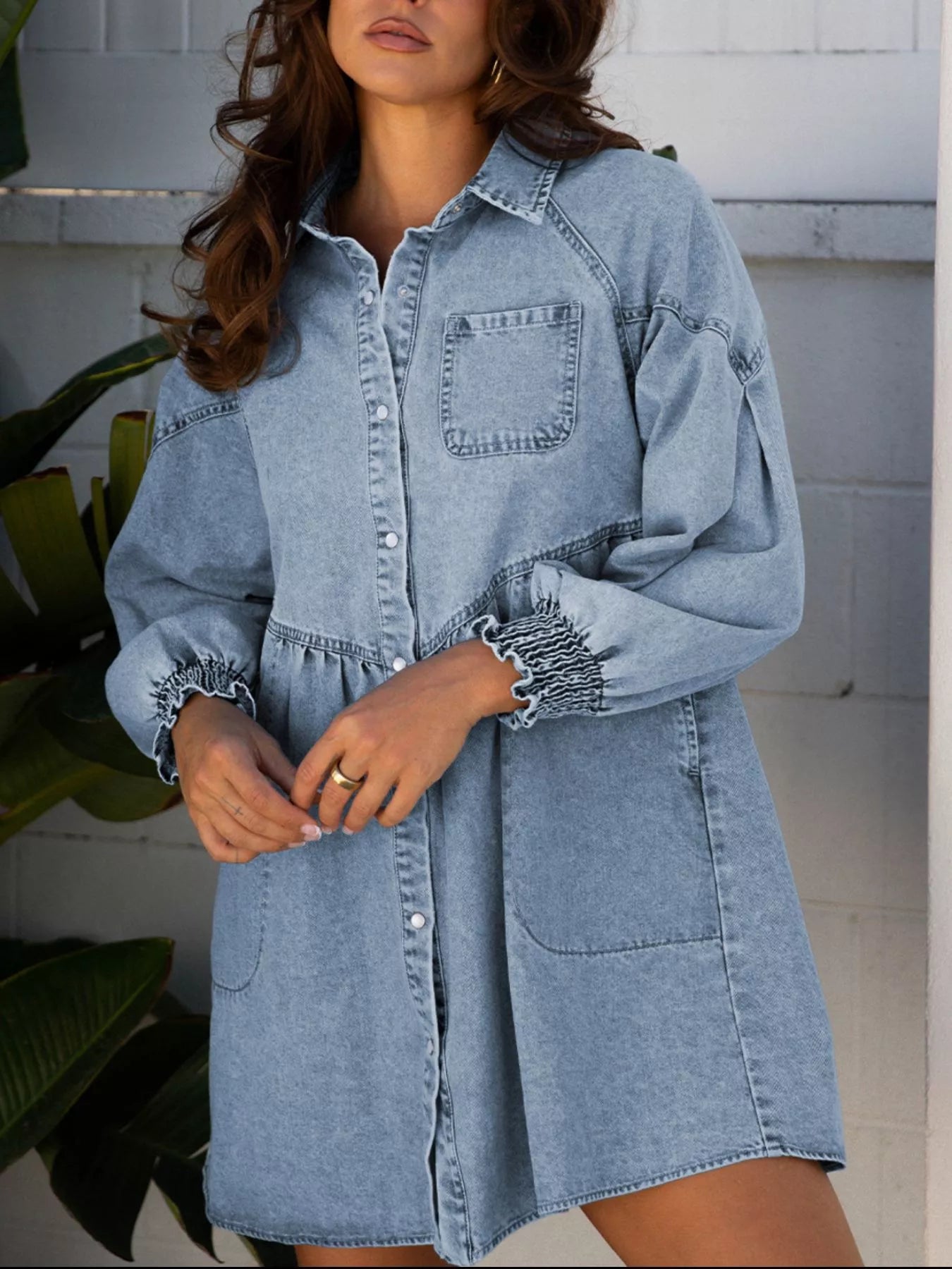 Smocked Cuffs Flared Denim Shirt Mini Dress