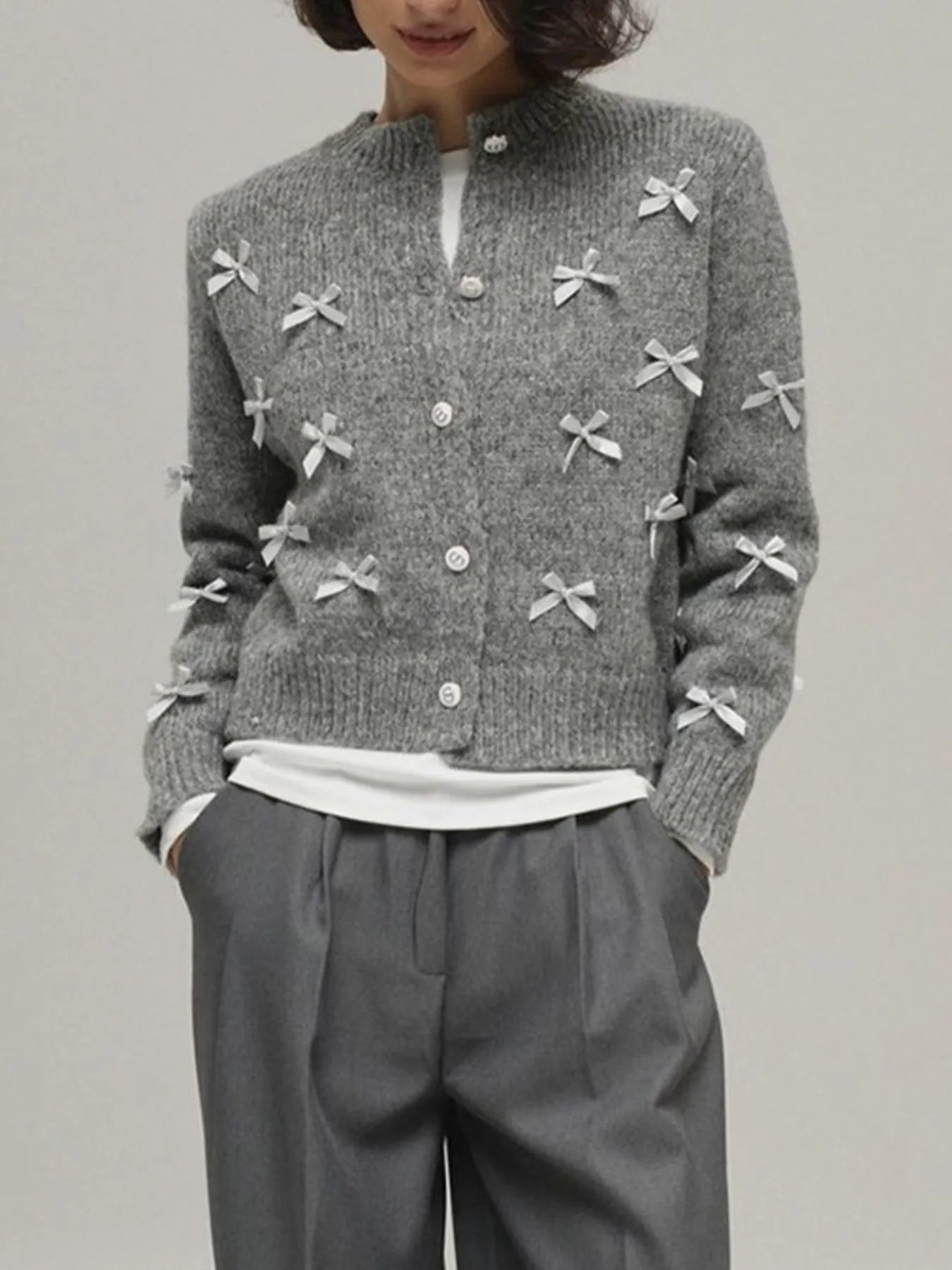 Bow Button Up Long Sleeve Cardigan