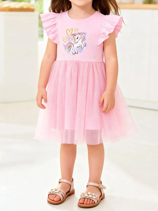 Children's Unicorn Graphic Ruffle Sleeve Tulle Dress