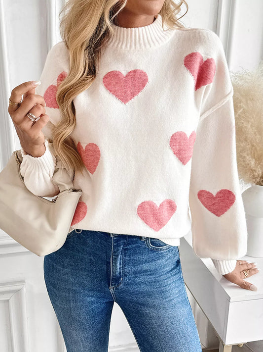 Heart Mock Neck Long Sleeve Sweater