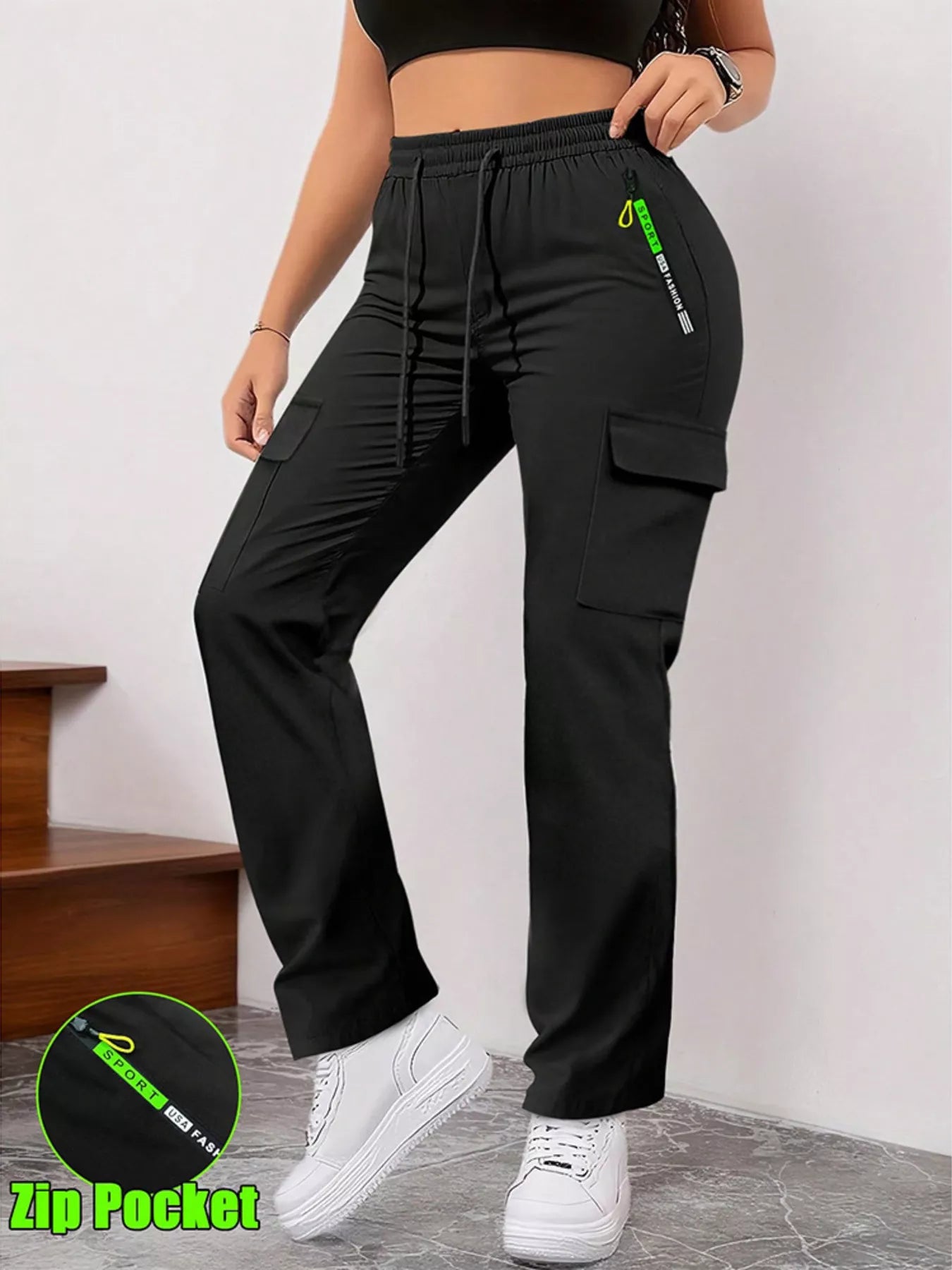 Full Size Drawstring Cargo Pants with Zip Pocket Plus Size