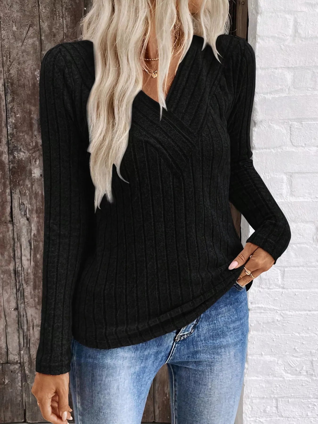 Ribbed V-Neck Long Sleeve T-Shirt