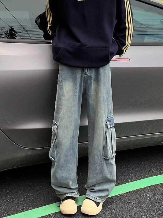 Men's Full Size Vintage Wash Wide Leg Cargo Jeans Plus Size
