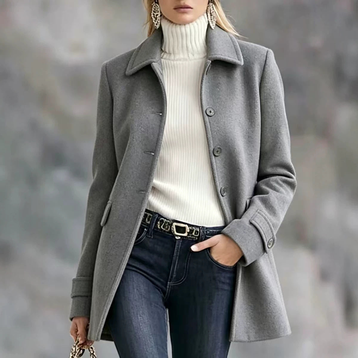 Mid-Length Lapel Wool-Blend Coat