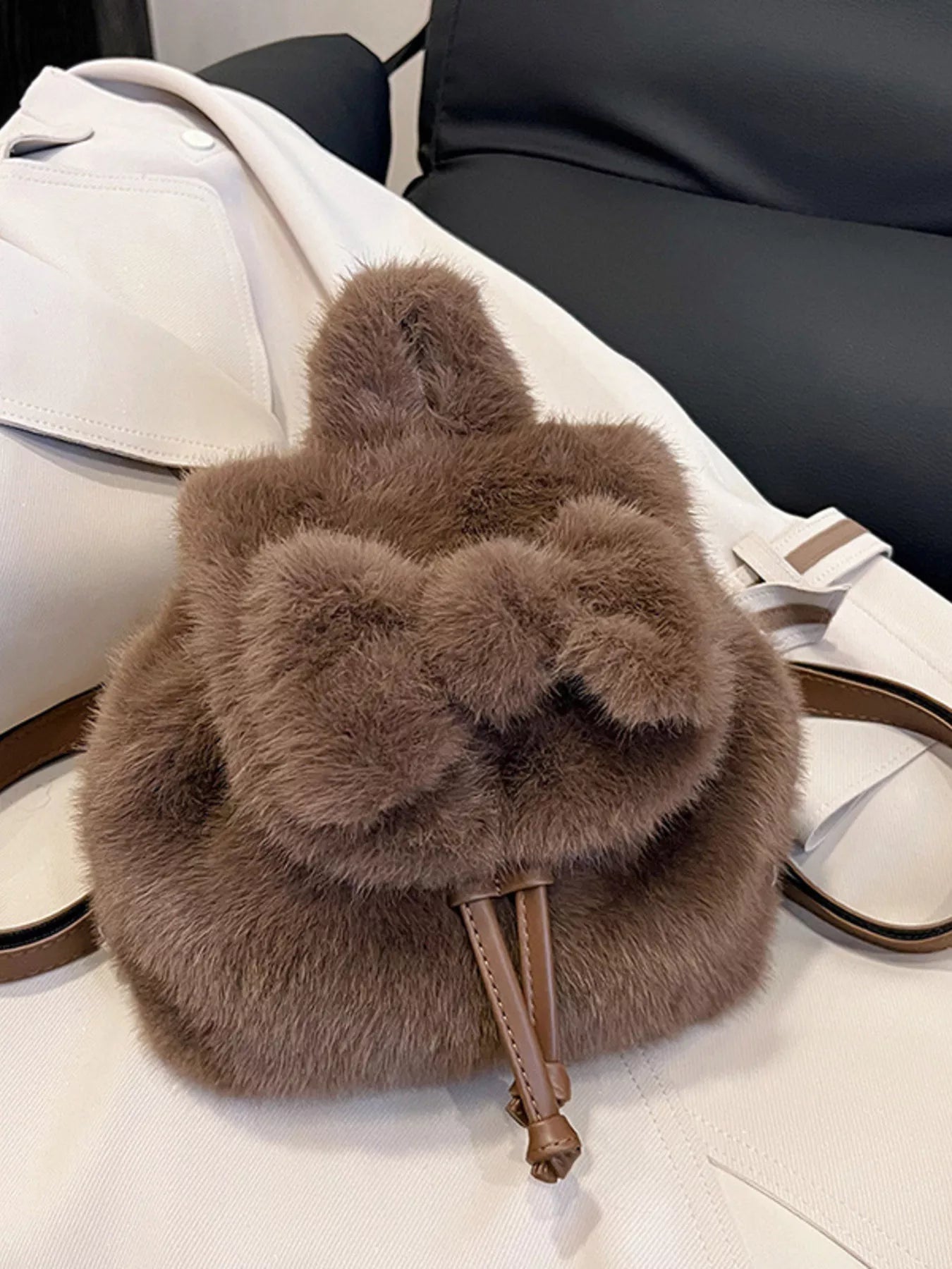 Fuzzy Plush Drawstring Backpack Bag