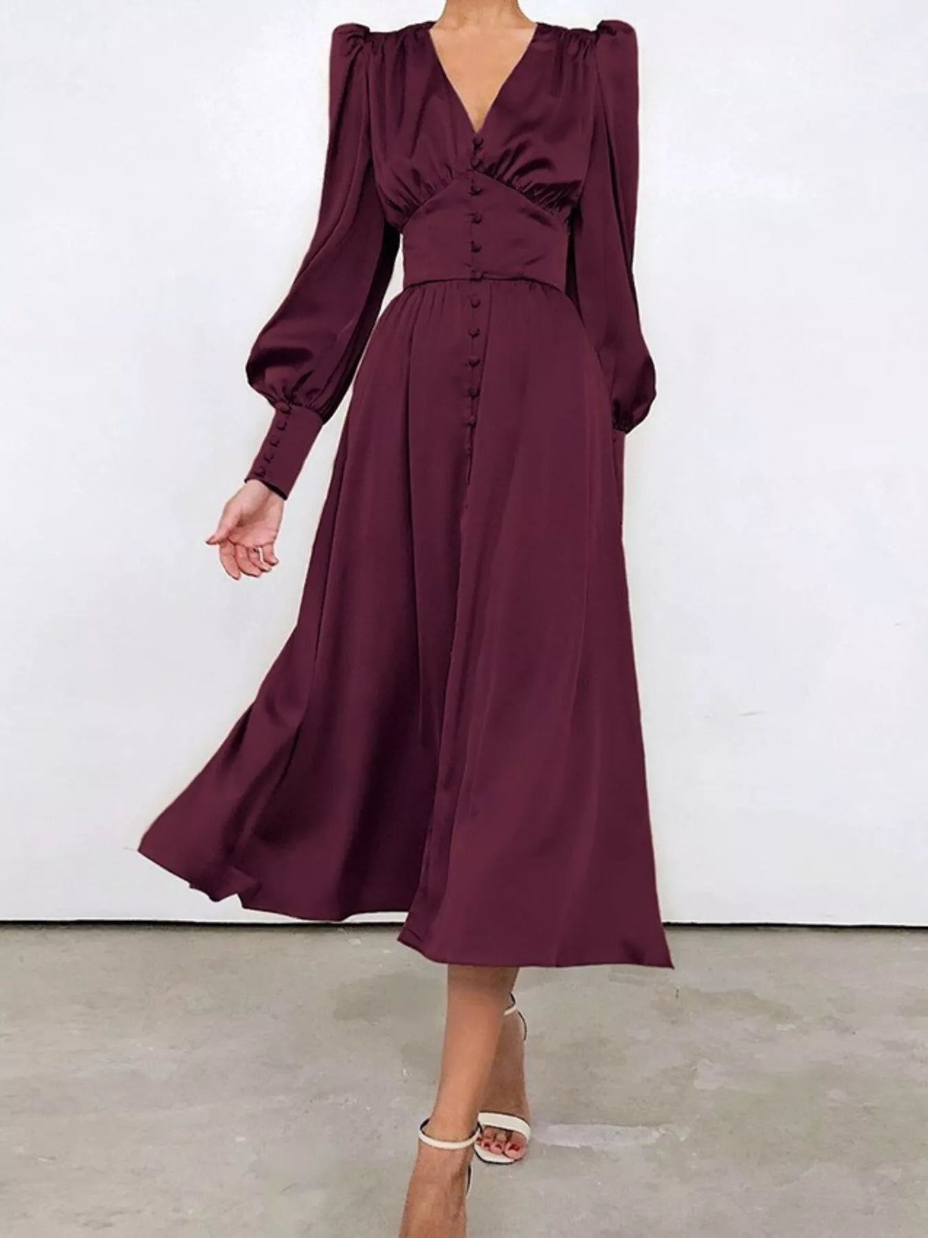 V-Neck Lantern Sleeve Midi Dress