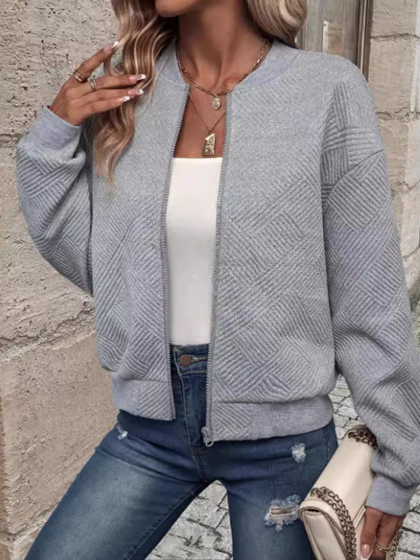 Textured Knit Zip-Up Jacket