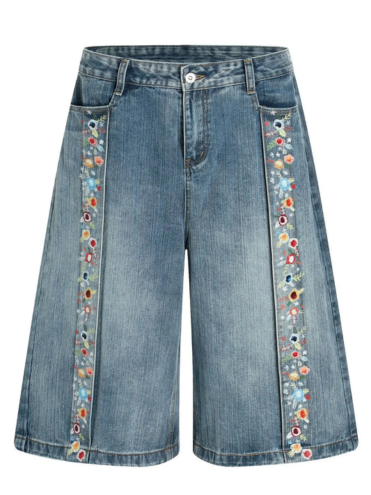Men's Floral Trim Wide Leg Denim Shorts