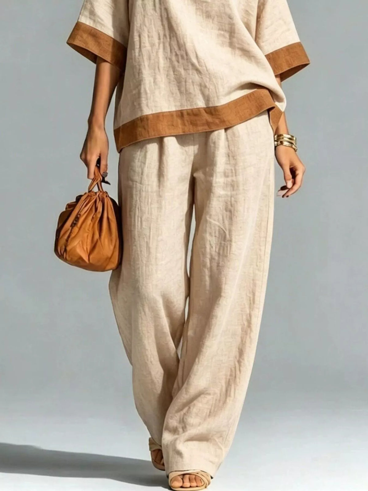 Full Size Contrast Trim Top and Wide Leg Pants Set Plus Size