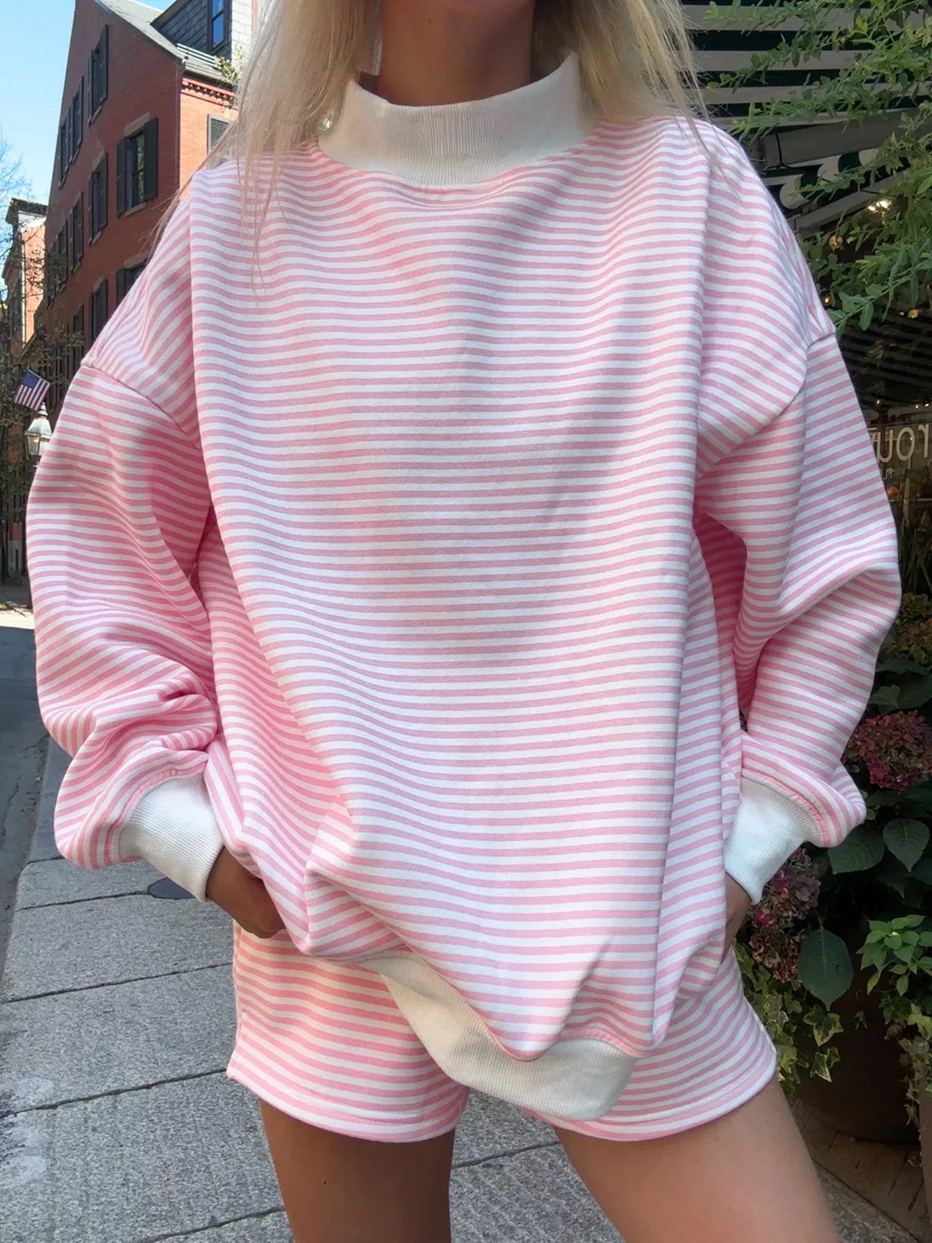 Striped Mock Neck Sweatshirt and Shorts Set