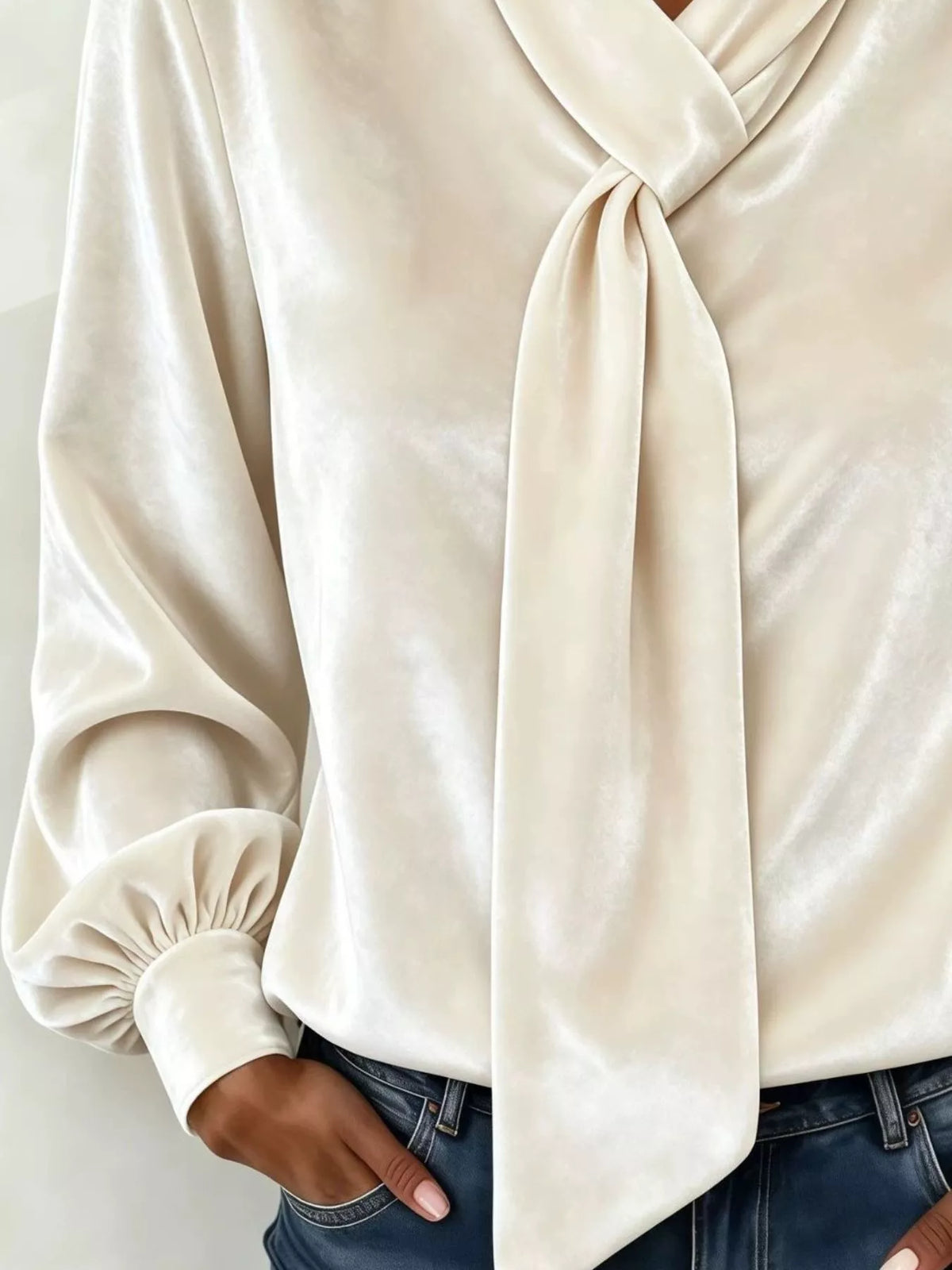 Full Size Velvet Tie-Neck Long Sleeve Blouse Plus Size