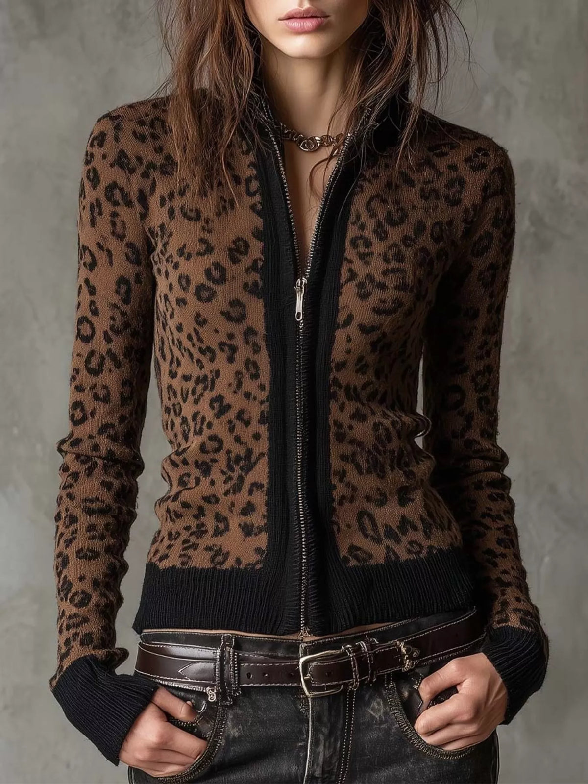 Leopard Print Knit Zip-Up Outerwear