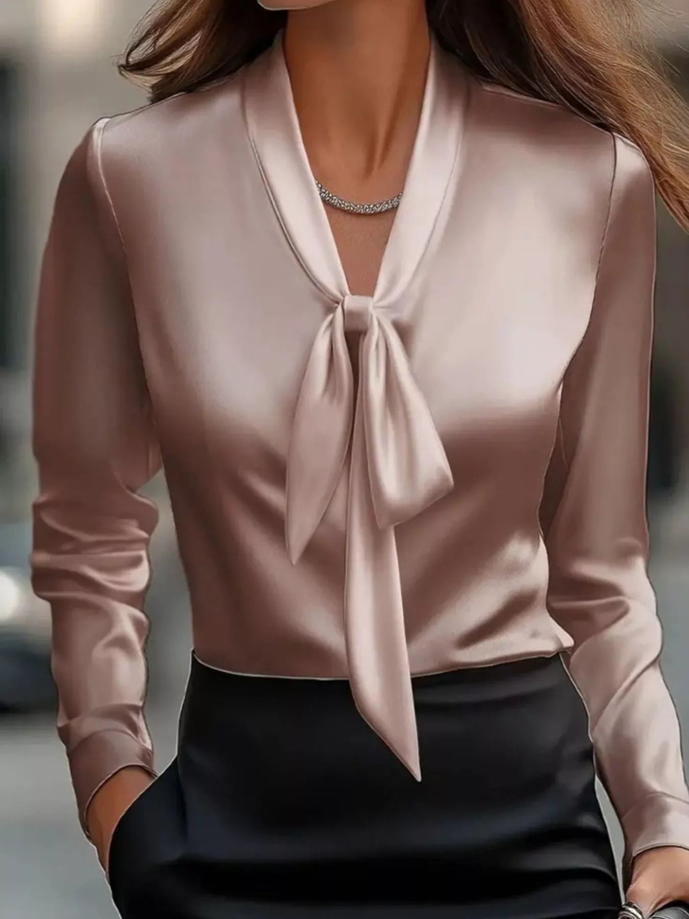 Satin Tie Front Long Sleeve Blouse