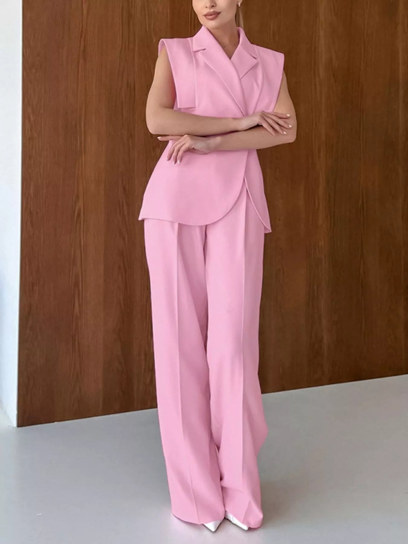 Sleeveless Blazer and Wide-Leg Pants Two-Piece Set