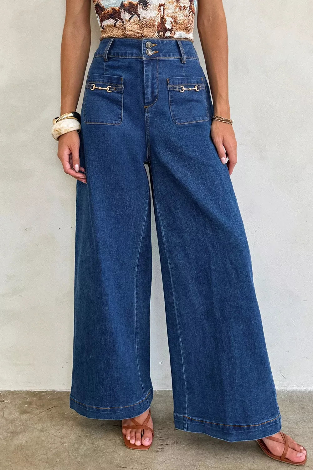 Hardware Decor Patched Pockets Wide Leg Jeans