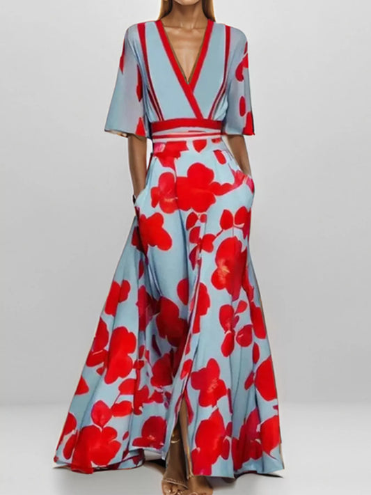 Floral Print Half Sleeve Maxi Dress with Pockets