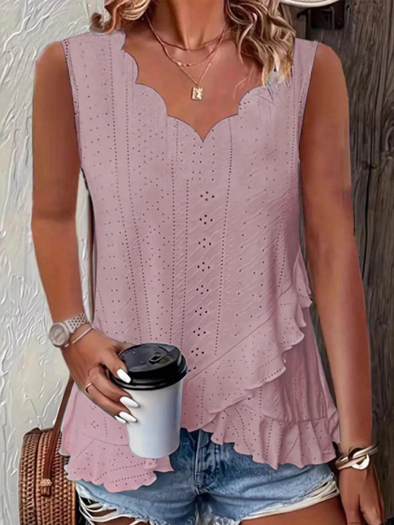 V-Neck Eyelet Ruffled Tank Top