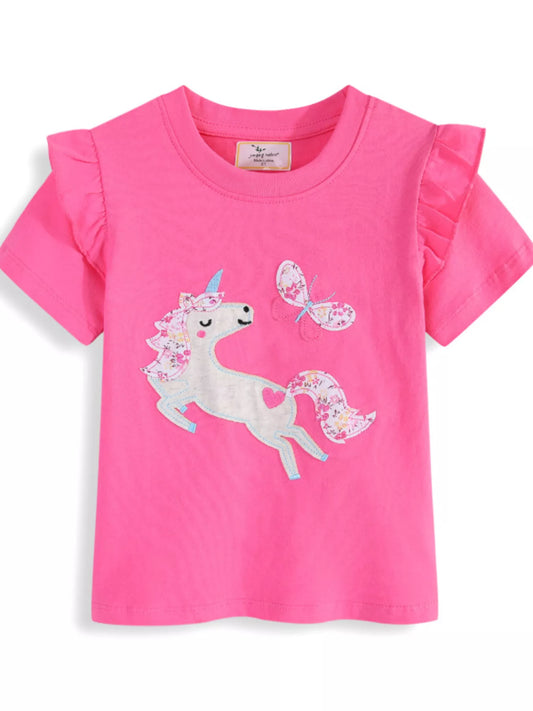 Children's Cute Unicorn Applique Ruffle Sleeve T-Shirt