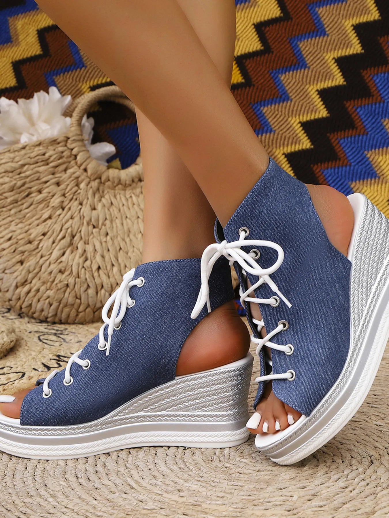 Lace Up Open Toe Wedge Sandals