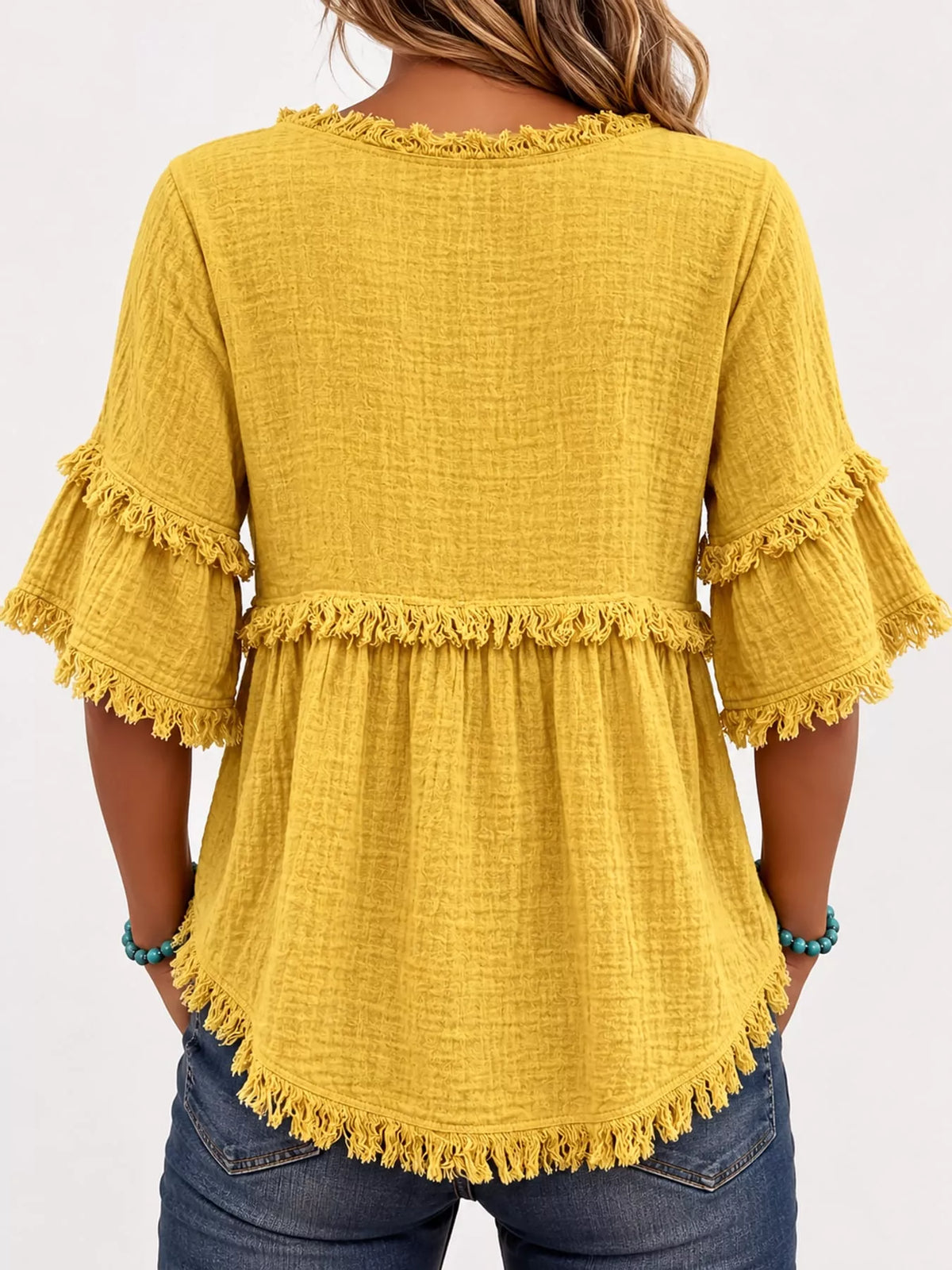 Full Size Frayed Edge Textured Blouse Plus Size
