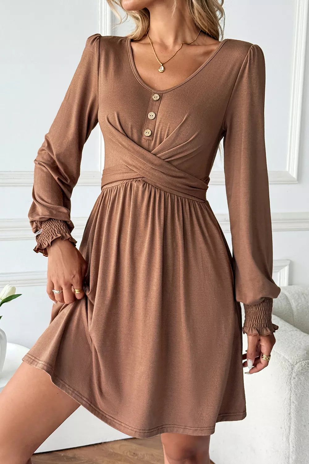 Shirred Cuff Long Sleeve Button Round Neck Mini Dress