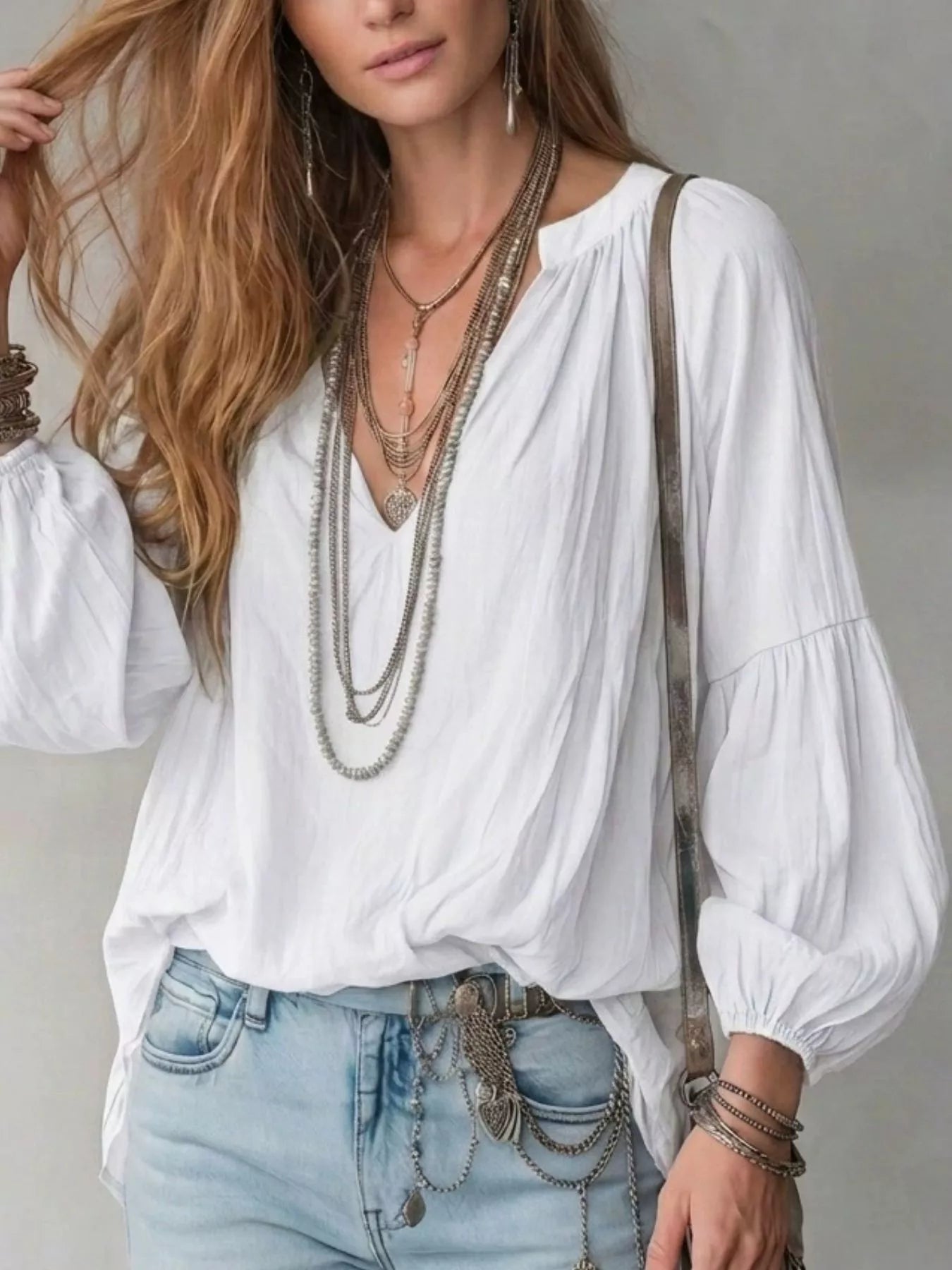 Notched Balloon Sleeve Blouse