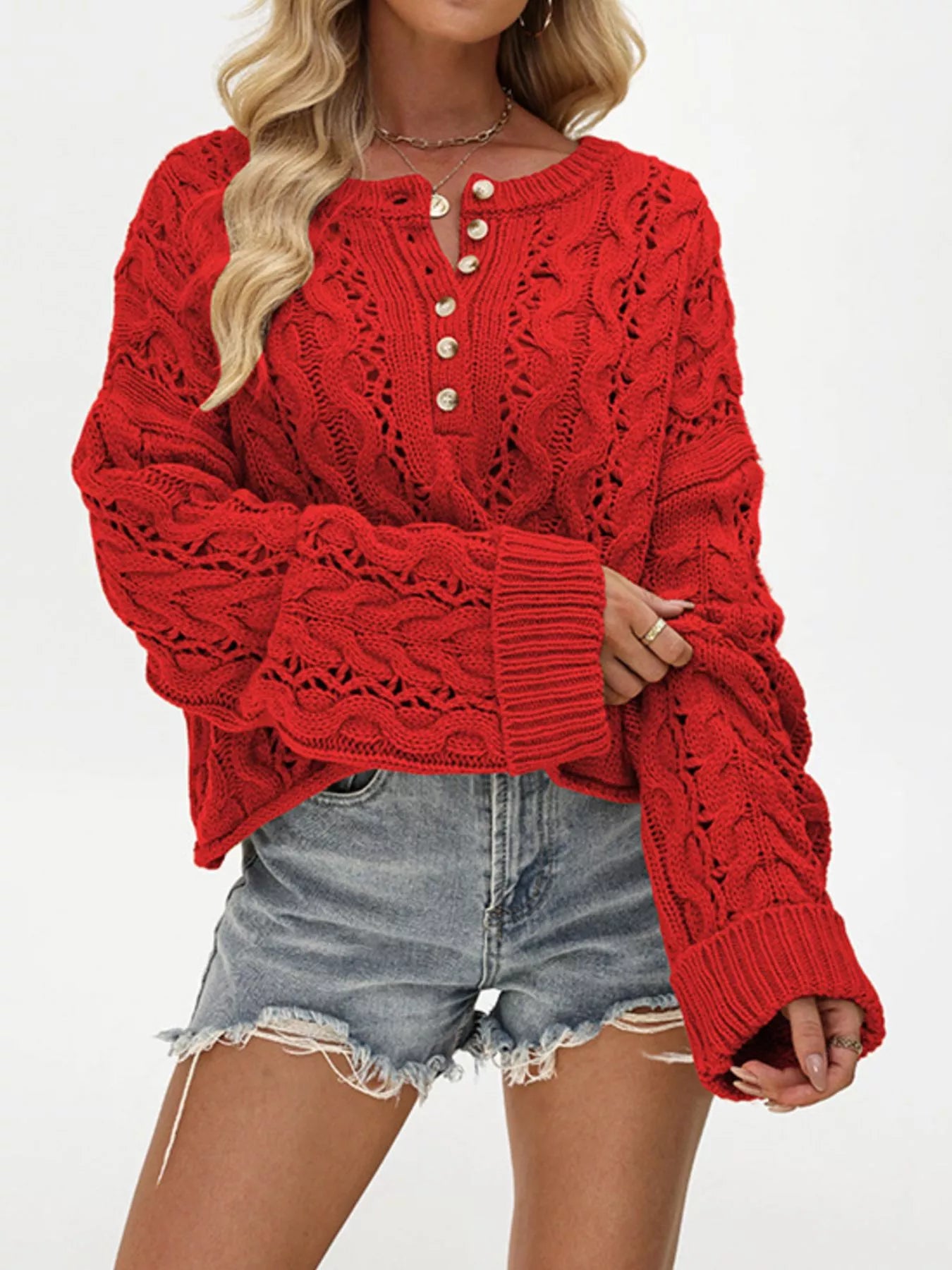 Chic Cable Knit Half-Button Openwork Sweater