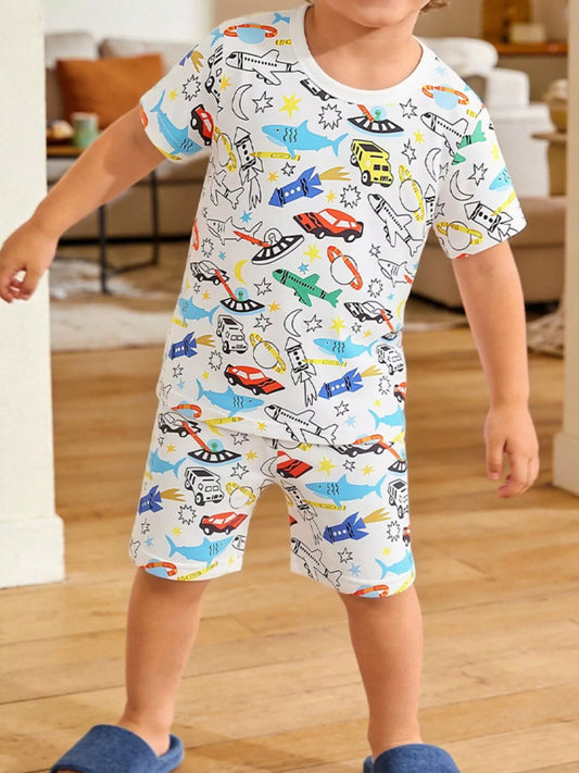 Children's Cartoon Vehicle Print Tee and Shorts Set