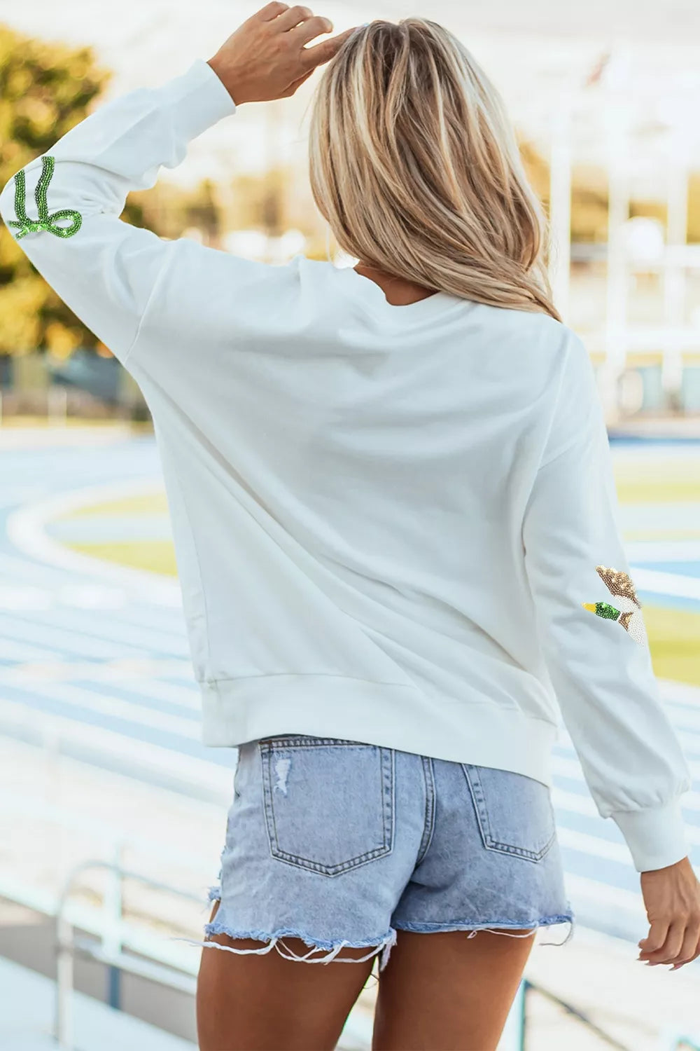 Sequin Mallard Bow Crewneck Pullover Sweatshirt