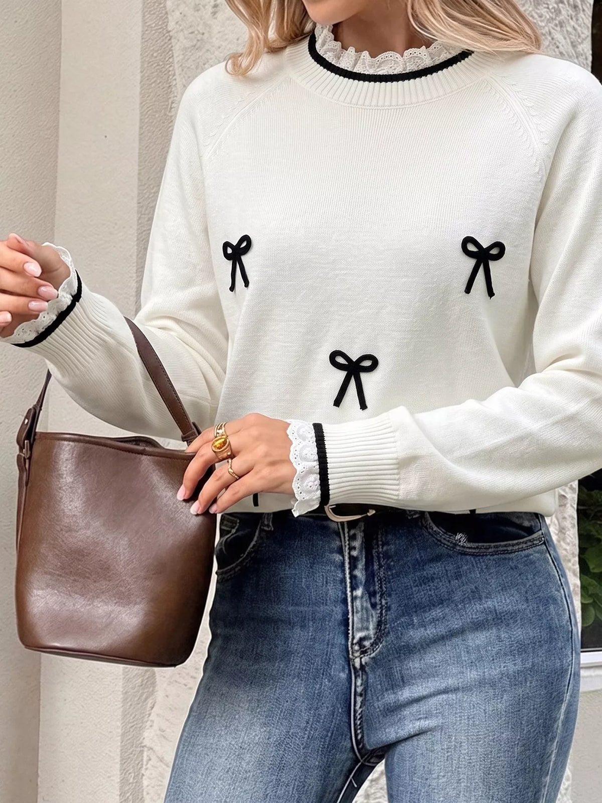 Bow-Embellished Lace Trim Sweater
