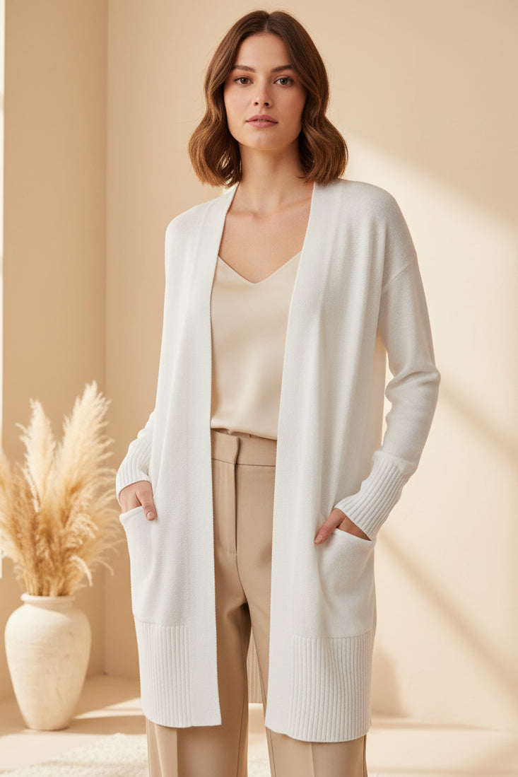 Longline Open-Front Cardigan | Oversized Knit with Patch Pockets