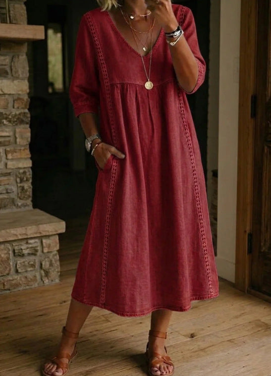 Women's Linen Cotton V-Neck Dress – Lace Trim, Loose Fit, 7 Colors