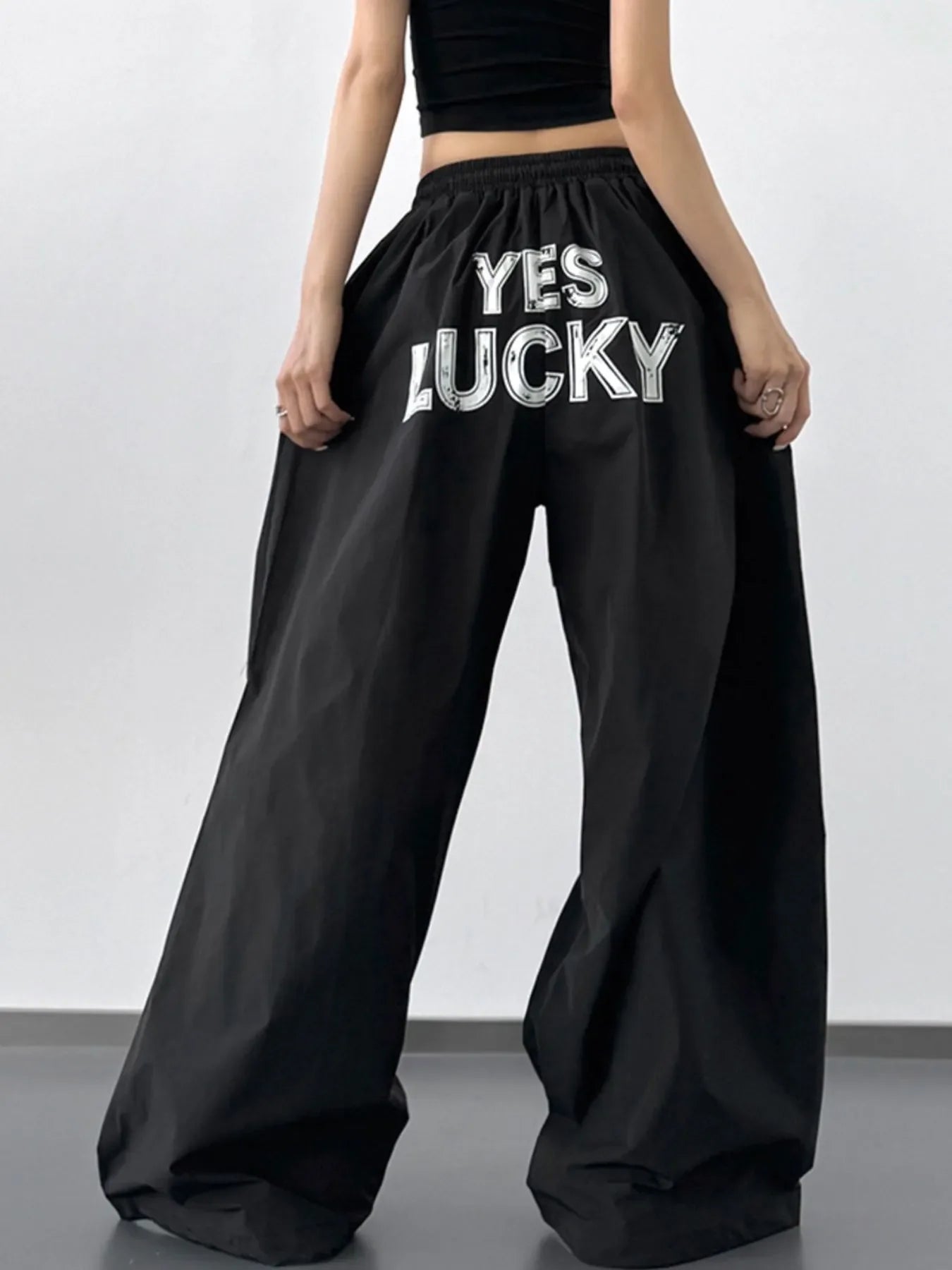 Letter Back Wide Leg Drawstring Pants