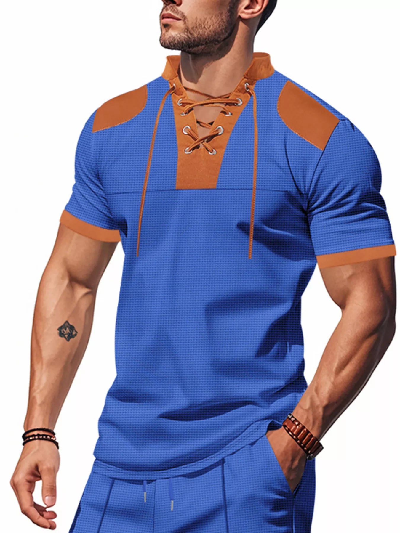 Men's Full Size Lace-Up Neckline Short Sleeve T-Shirt Plus Size