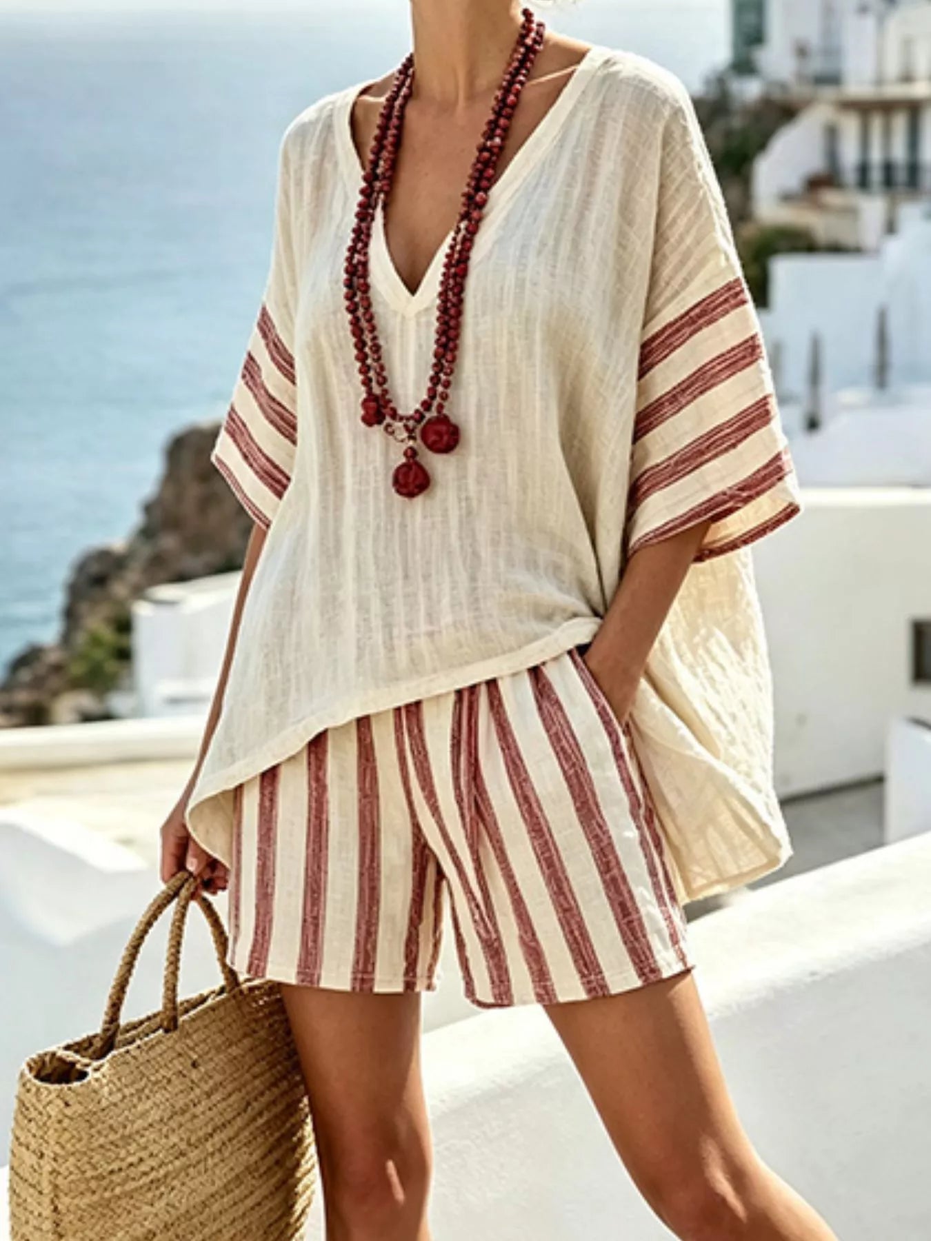 Full Size Striped 3/4 Sleeve Top and Shorts Set Plus Size