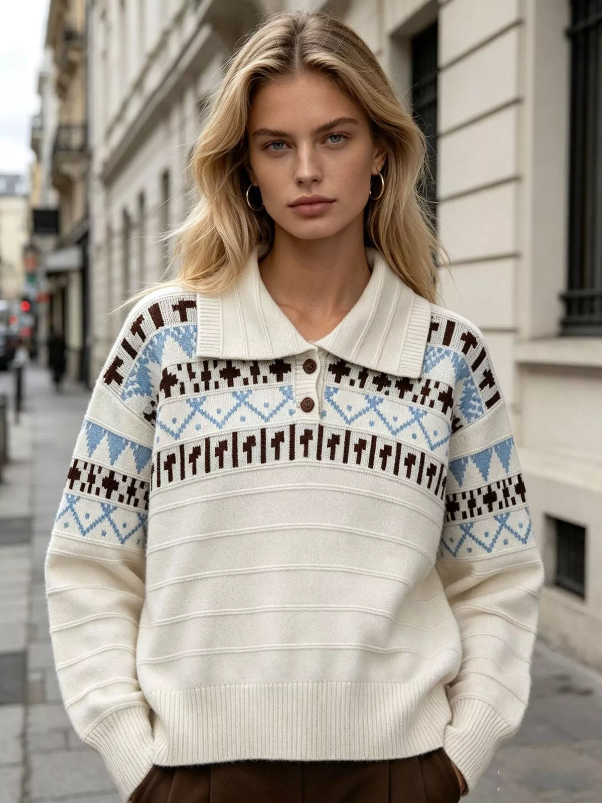 Vintage-Inspired Fair Isle Patterned Polo Sweater