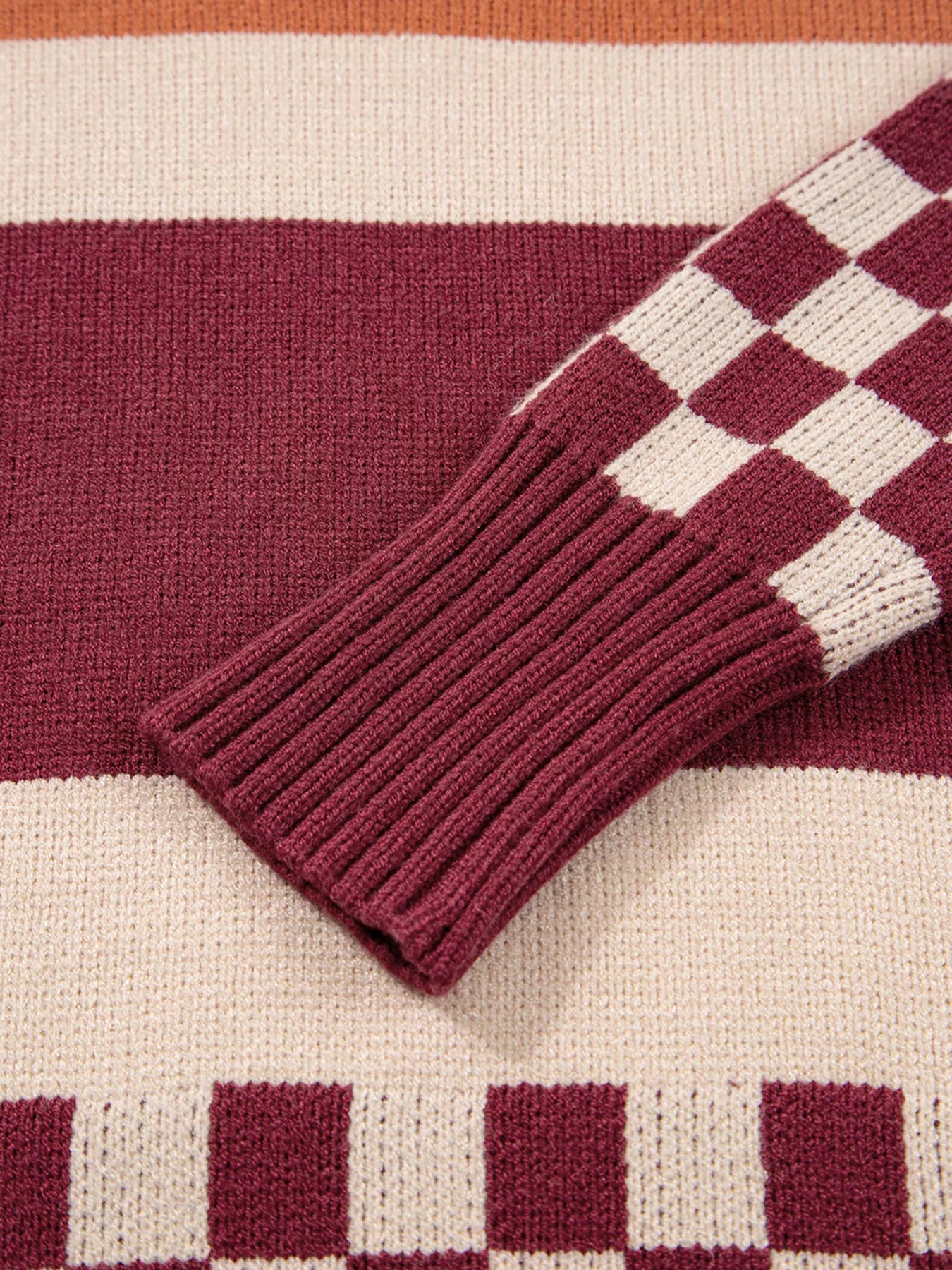 Checkered Color Block Knitted Drop Shoulder Sweater